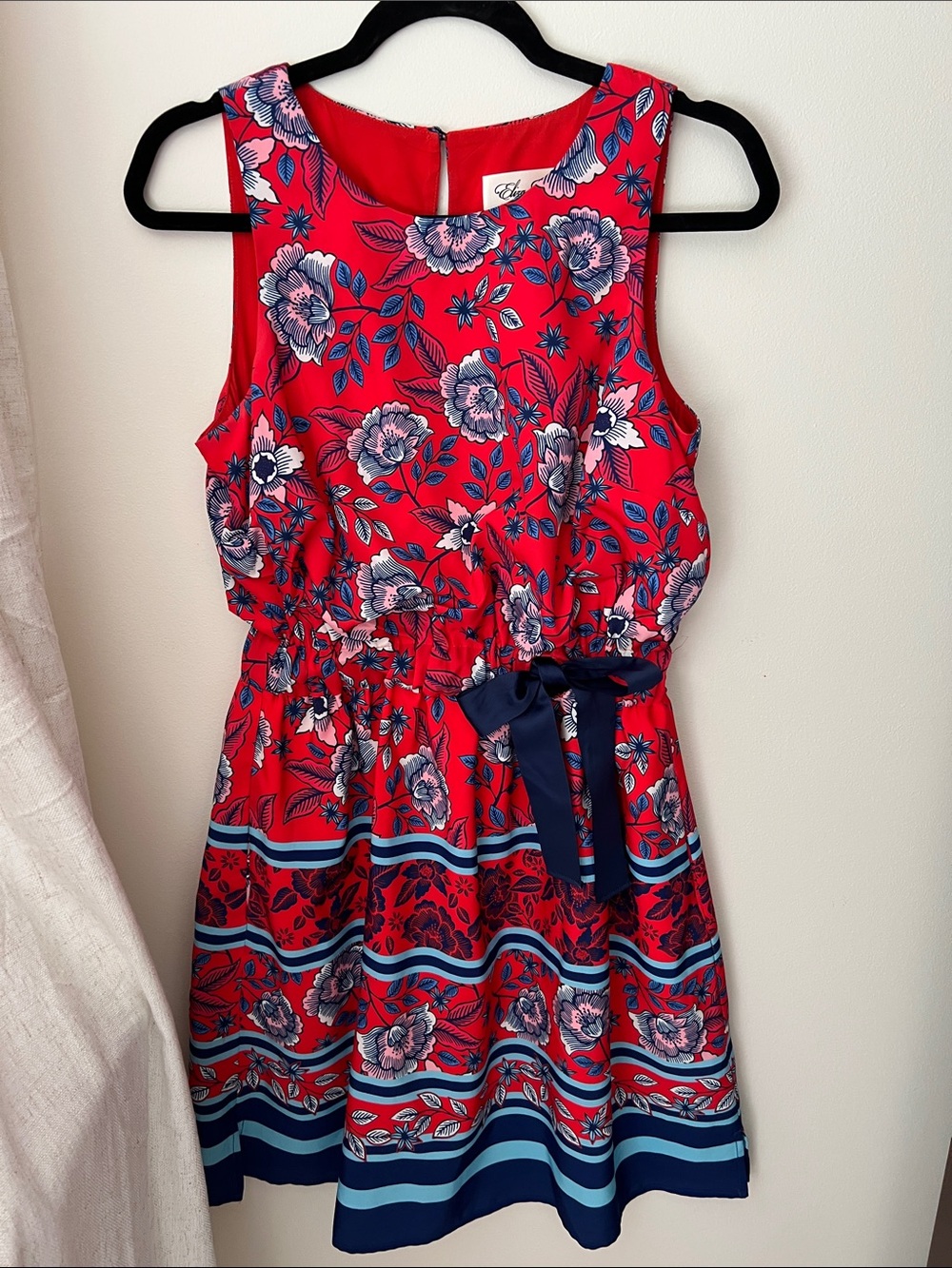 Eliza J Red Floral Sleeveless Fit-and-Flare Dress with Navy Bow